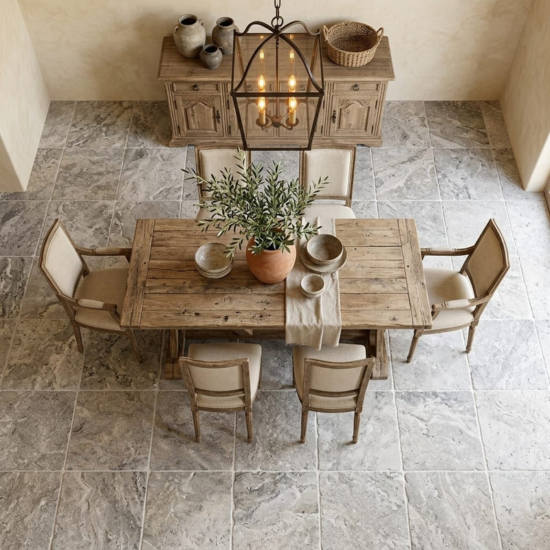 Silver (Pewter Blend) Travertine 24x24 Tumbled Travertine Tile — Dining Room floor