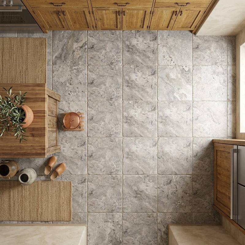 Silver (Pewter Blend) Travertine 24x24 Tumbled Travertine Tile — Kitchen floor