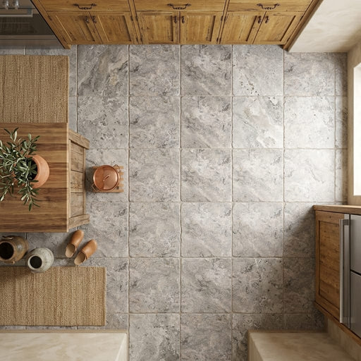 Silver (Pewter Blend) Travertine 24x24 Tumbled Travertine Tile — Kitchen floor