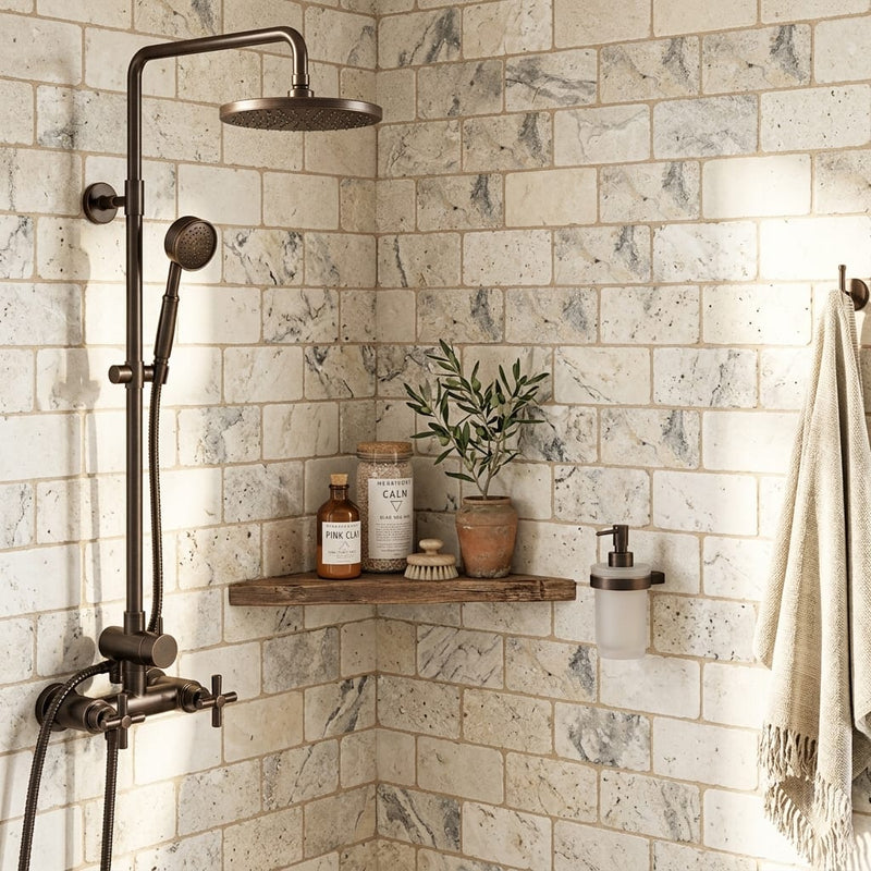 Silver (Pewter Blend) Travertine 3x6 Tumbled Travertine Tile — Bathroom shower wall