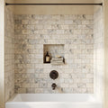 Silver (Pewter Blend) Travertine 3x6 Tumbled Travertine Tile — Bathroom tub surround