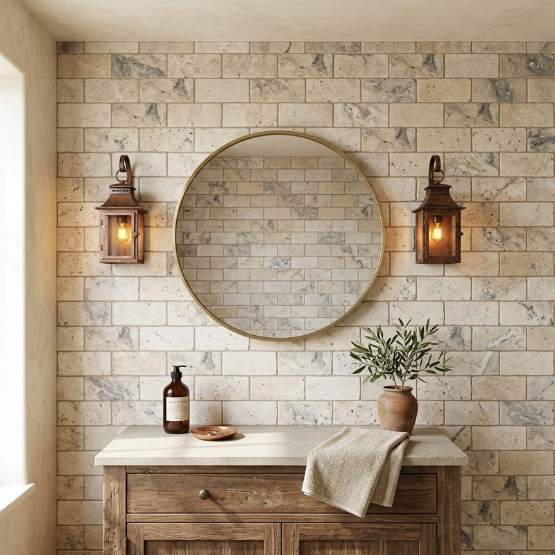 Silver (Pewter Blend) Travertine 3x6 Tumbled Travertine Tile — Bathroom wall
