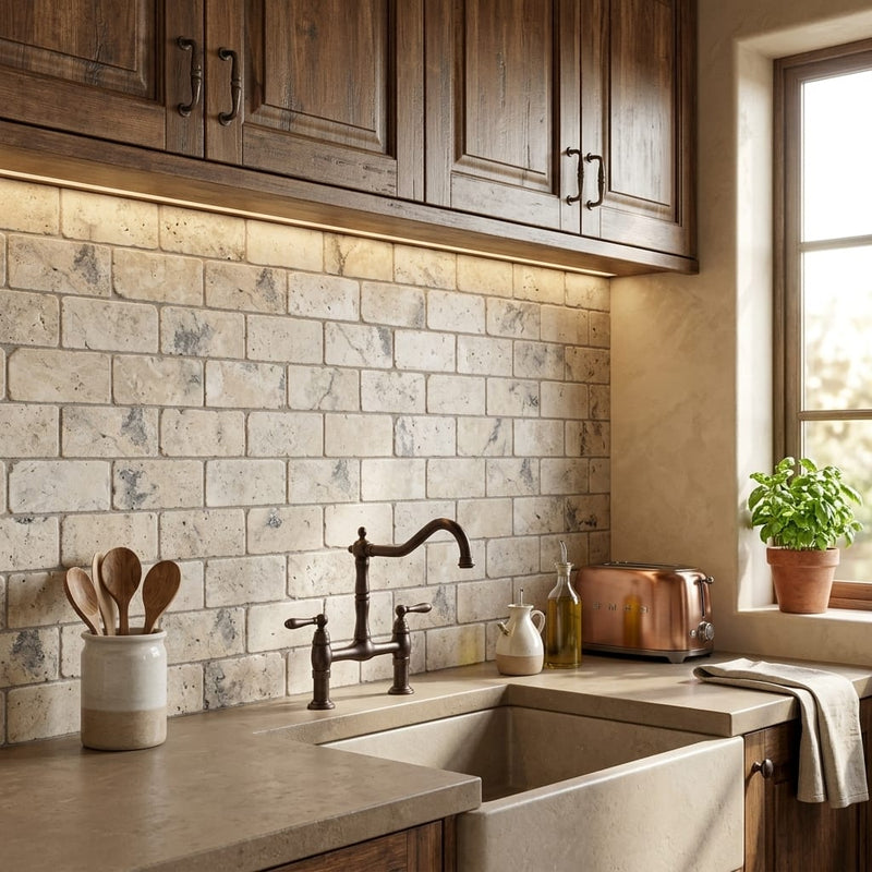 Silver (Pewter Blend) Travertine 3x6 Tumbled Travertine Tile — Kitchen backsplash