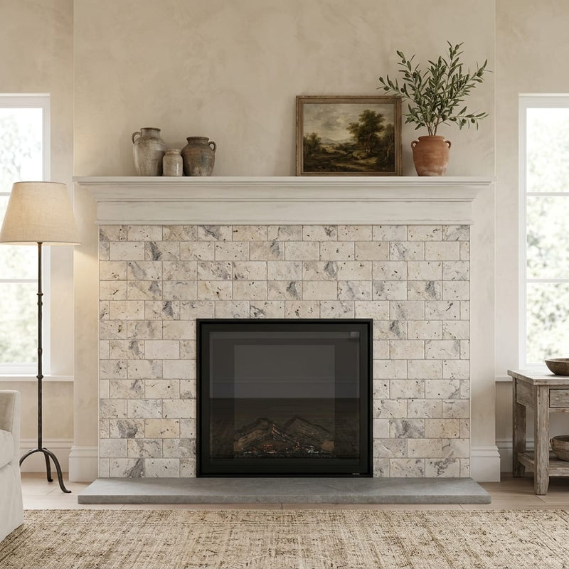 Silver (Pewter Blend) Travertine 3x6 Tumbled Travertine Tile — Living Room fireplace surround