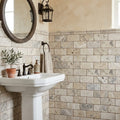 Silver (Pewter Blend) Travertine 3x6 Tumbled Travertine Tile — Powder Room wainscot