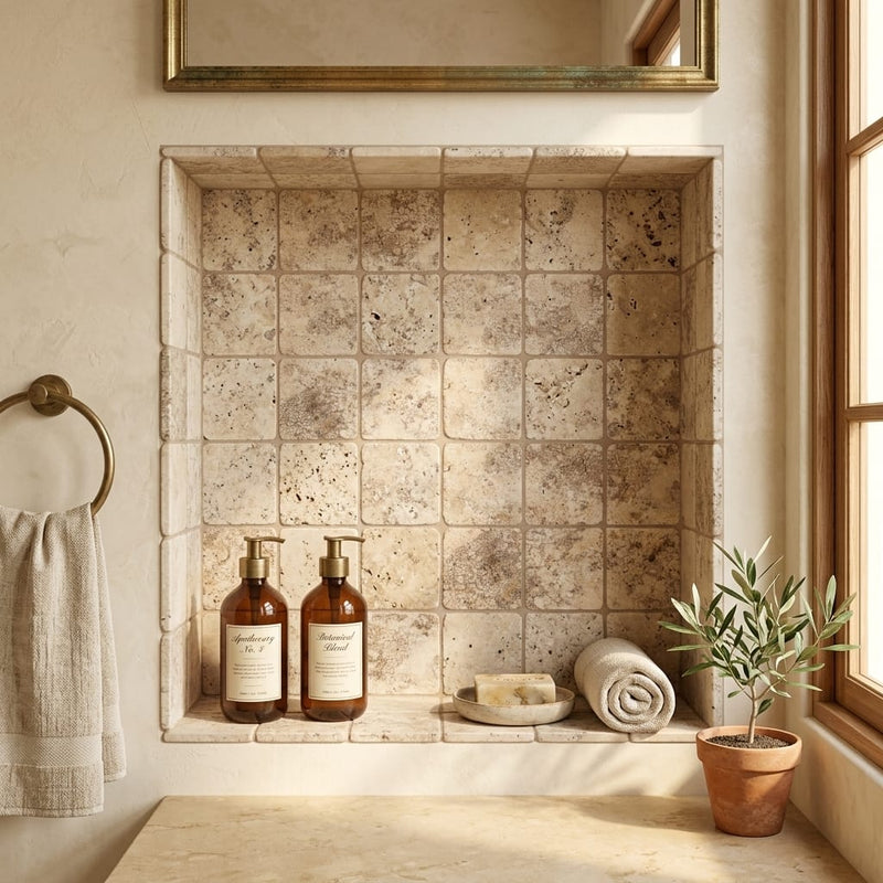 Silver (Pewter Blend) Travertine 4x4 Tumbled Travertine Tile — Bathroom niche