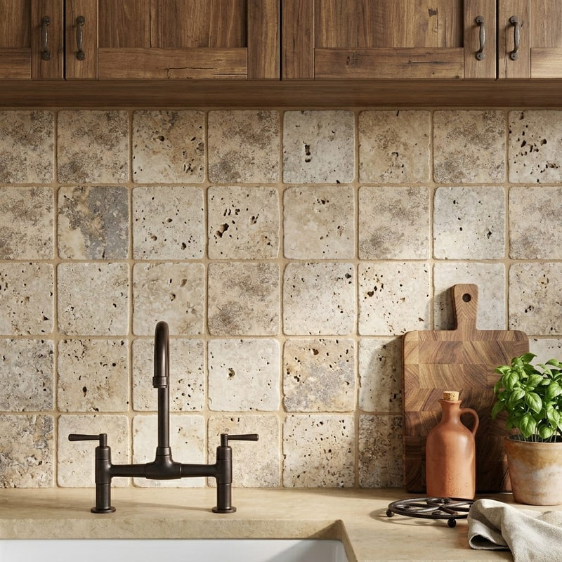 Silver (Pewter Blend) Travertine 4x4 Tumbled Travertine Tile — Kitchen backsplash