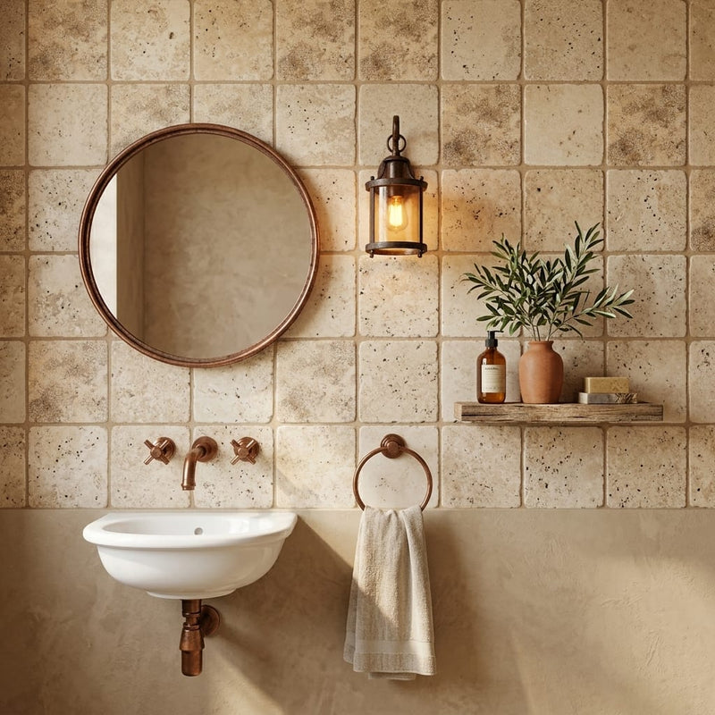 Silver (Pewter Blend) Travertine 4x4 Tumbled Travertine Tile — Powder Room wall
