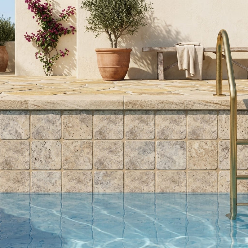 Silver (Pewter Blend) Travertine 4x4 Tumbled Travertine Tile — Swimming Pool waterline