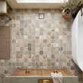 Silver (Pewter Blend) Travertine 5/8x5/8 Tumbled Travertine Mosaic — Bathroom floor