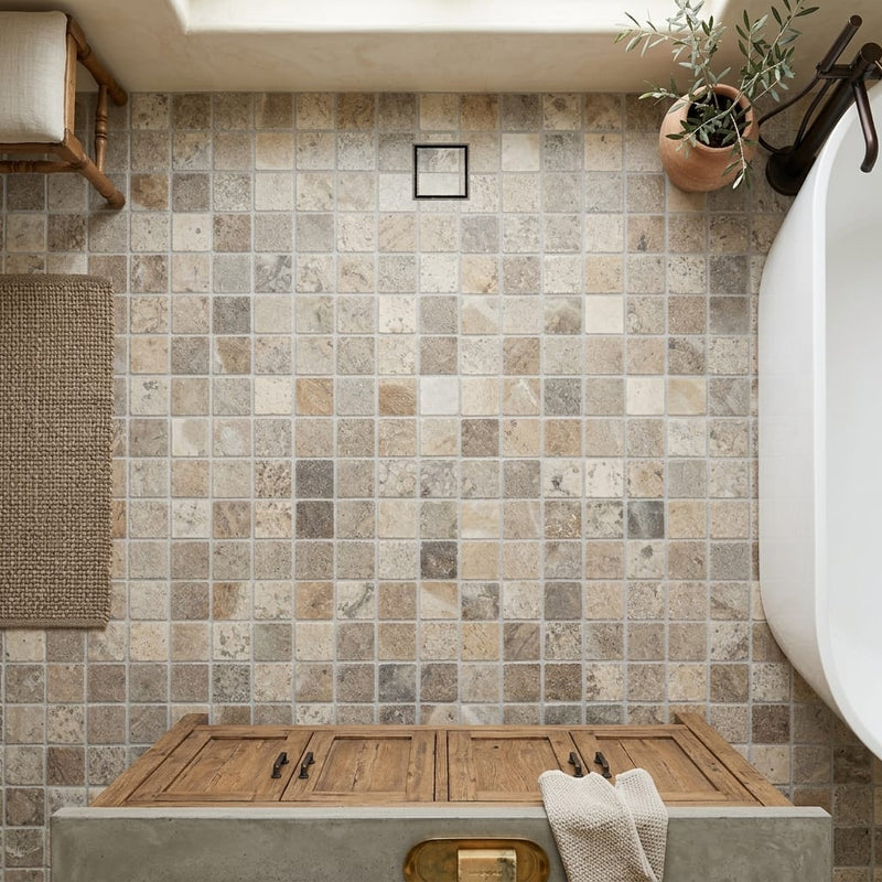 Silver (Pewter Blend) Travertine 5/8x5/8 Tumbled Travertine Mosaic — Bathroom floor
