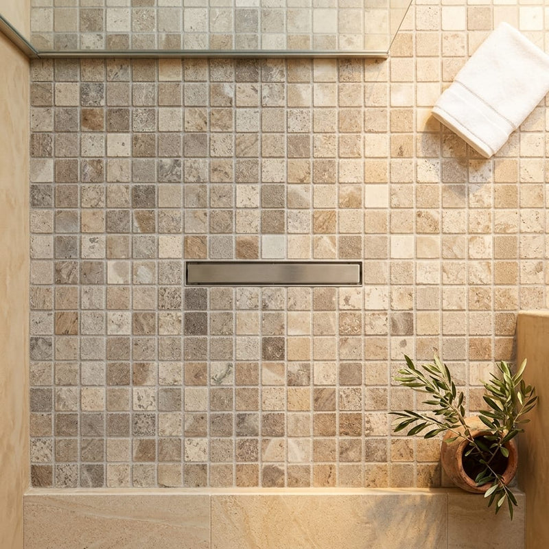 Silver (Pewter Blend) Travertine 5/8x5/8 Tumbled Travertine Mosaic — Bathroom shower floor