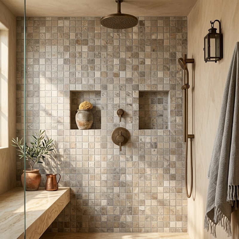 Silver (Pewter Blend) Travertine 5/8x5/8 Tumbled Travertine Mosaic — Bathroom shower wall