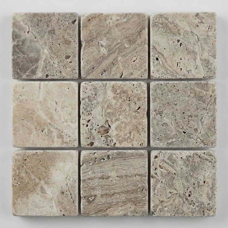 Silver (Pewter Blend) Travertine 5/8x5/8 Tumbled Travertine Mosaic close-up