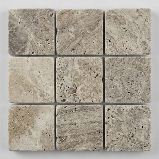 Silver (Pewter Blend) Travertine 5/8x5/8 Tumbled Travertine Mosaic close-up