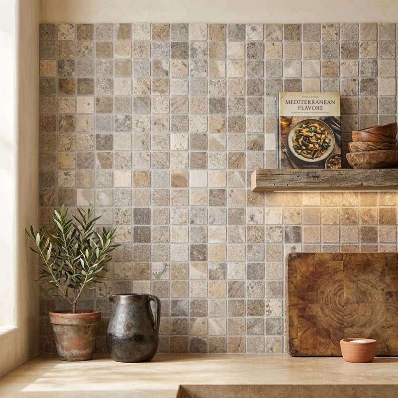 Silver (Pewter Blend) Travertine 5/8x5/8 Tumbled Travertine Mosaic — Kitchen backsplash