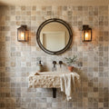 Silver (Pewter Blend) Travertine 5/8x5/8 Tumbled Travertine Mosaic — Powder Room wall