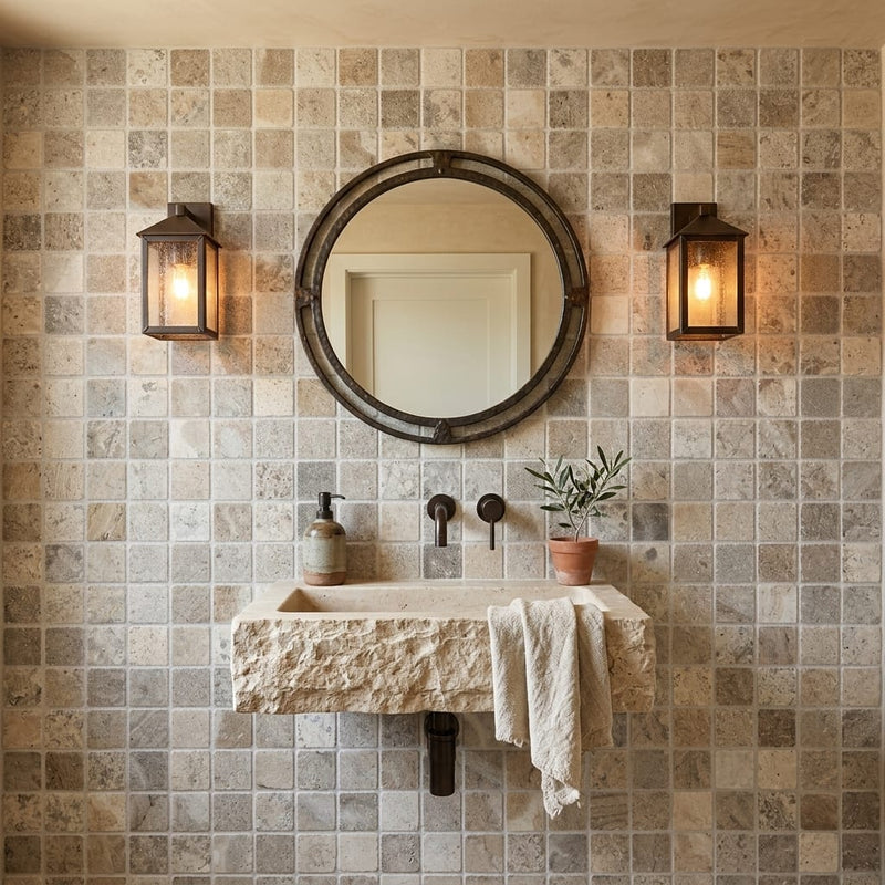 Silver (Pewter Blend) Travertine 5/8x5/8 Tumbled Travertine Mosaic — Powder Room wall