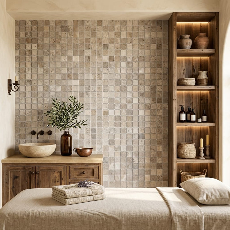 Silver (Pewter Blend) Travertine 5/8x5/8 Tumbled Travertine Mosaic — Spa spa interior