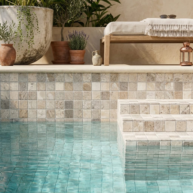 Silver (Pewter Blend) Travertine 5/8x5/8 Tumbled Travertine Mosaic — Swimming Pool pool interior tiling