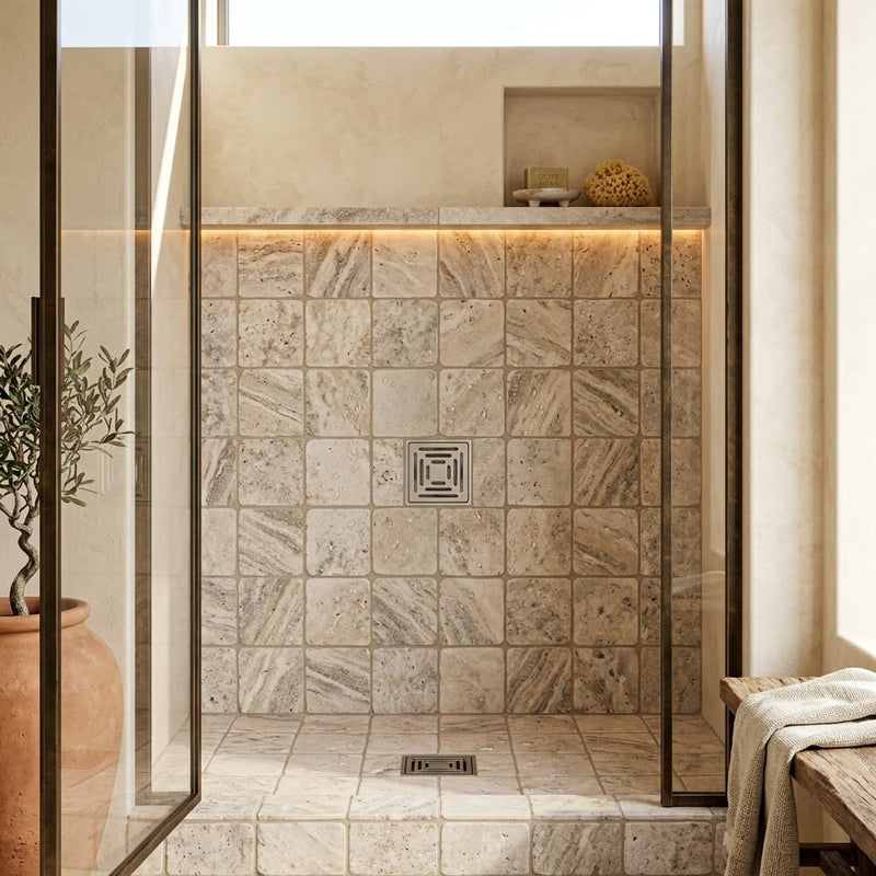 Silver (Pewter Blend) Travertine 6x6 Tumbled Travertine Tile — Bathroom shower floor