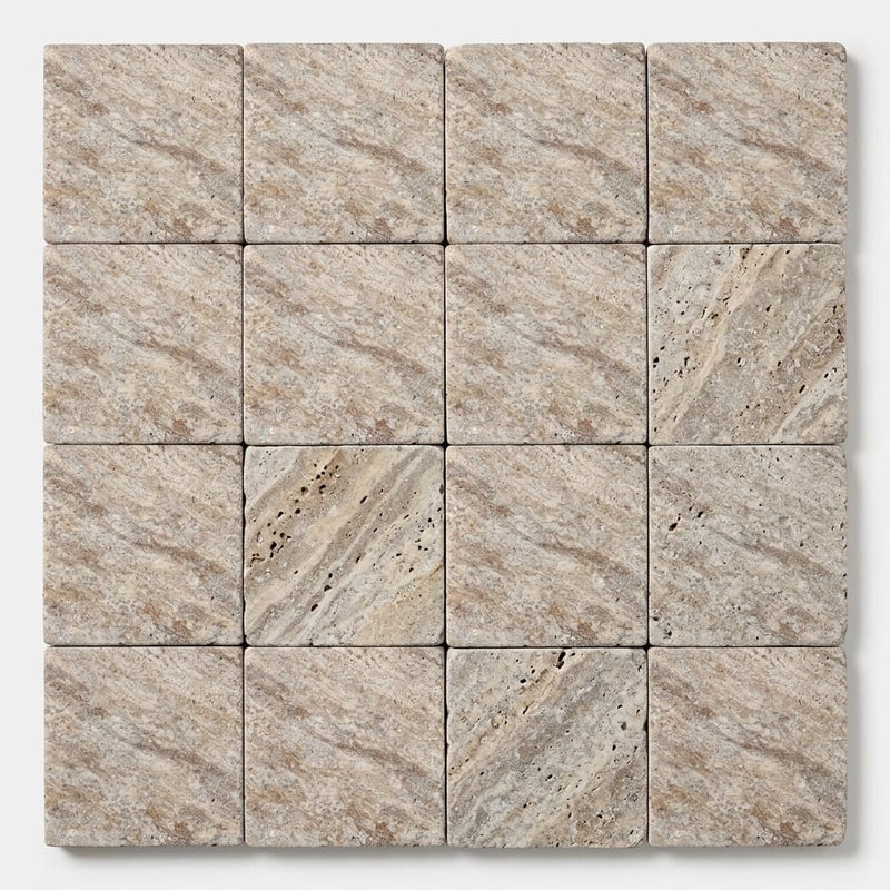 Silver (Pewter Blend) Travertine 6x6 Tumbled Travertine Tile close-up