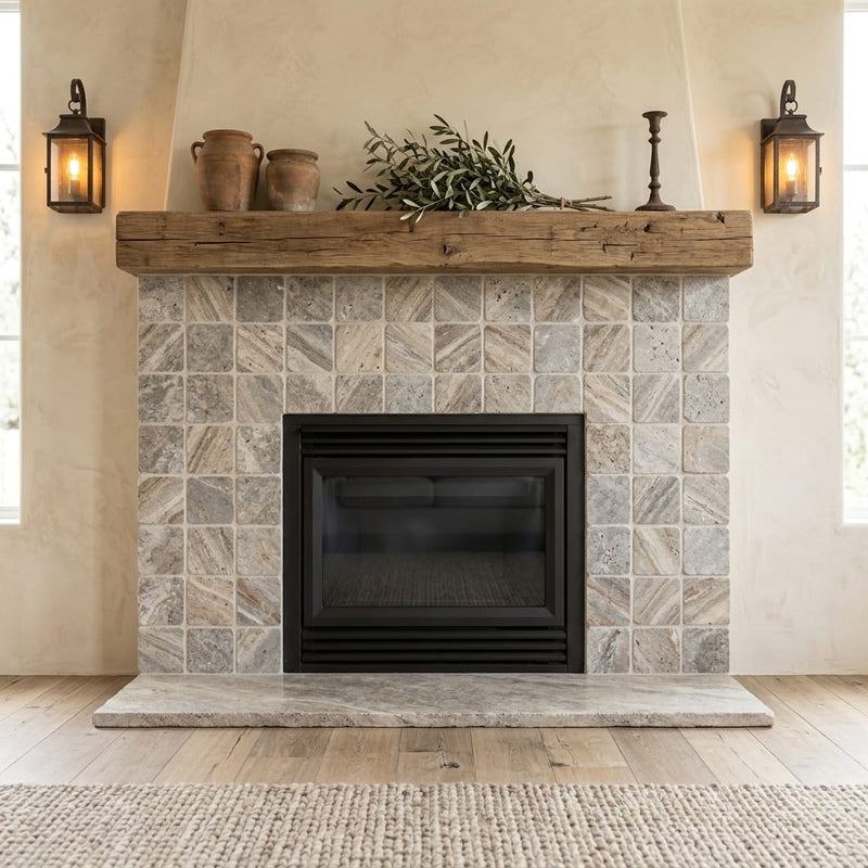 Silver (Pewter Blend) Travertine 6x6 Tumbled Travertine Tile — Living Room fireplace surround