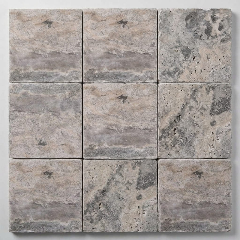 Silver (Pewter Blend) Travertine 8x8 Unfilled, Brushed & Chiseled Travertine Tile close-up