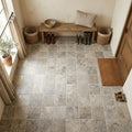 Silver (Pewter Blend) Travertine 8x8 Unfilled, Brushed & Chiseled Travertine Tile — Mudroom floor