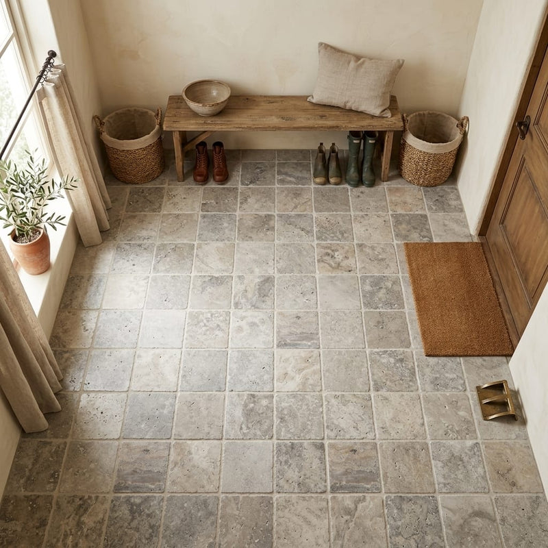 Silver (Pewter Blend) Travertine 8x8 Unfilled, Brushed & Chiseled Travertine Tile — Mudroom floor