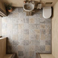 Silver (Pewter Blend) Travertine 8x8 Unfilled, Brushed & Chiseled Travertine Tile — Powder Room floor