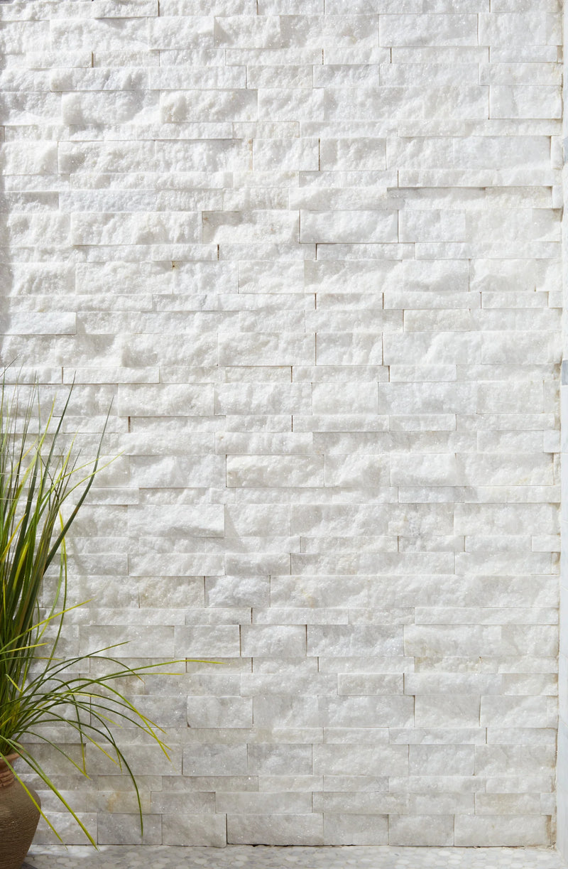 Secil White 5-7/8x24 Mesh Split 3D Stack Quartzite Ledger Stone