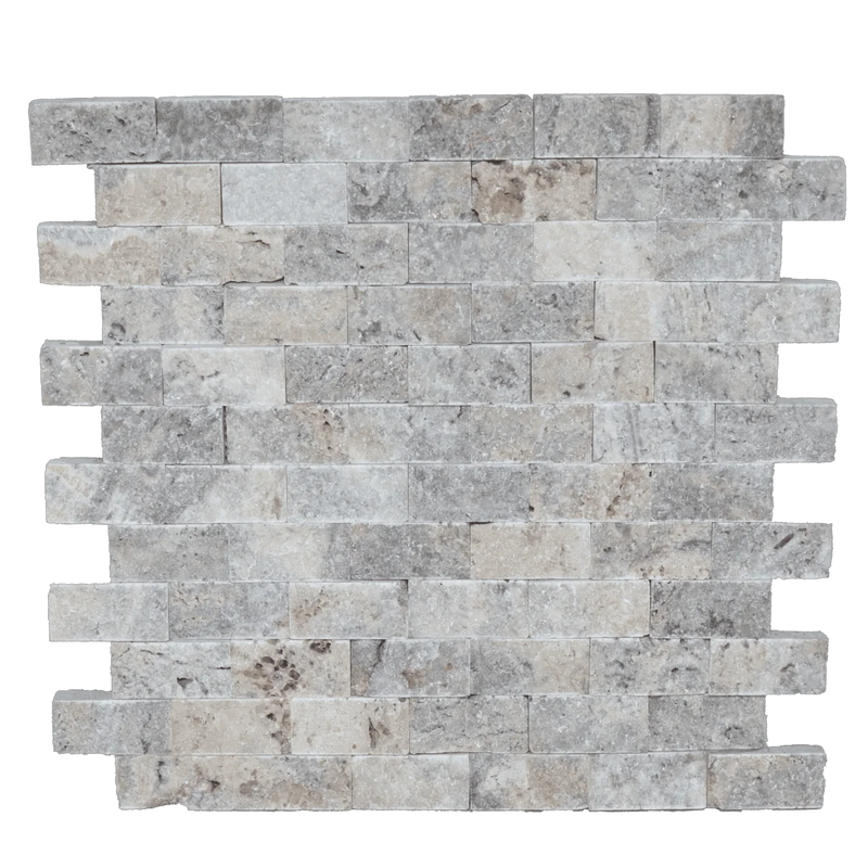 12x12 Mesh Splitface Silver 1x2 Brick Textured Travertine Mosaic