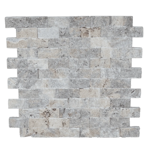 12x12 Mesh Splitface Silver 1x2 Brick Textured Travertine Mosaic