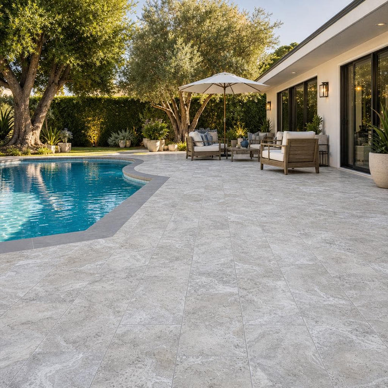 Silver Travertine 12x24 Tumbled 3CM Paver — Backyard pool deck