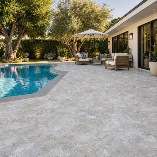 Silver Travertine 12x24 Tumbled 3CM Paver — Backyard pool deck