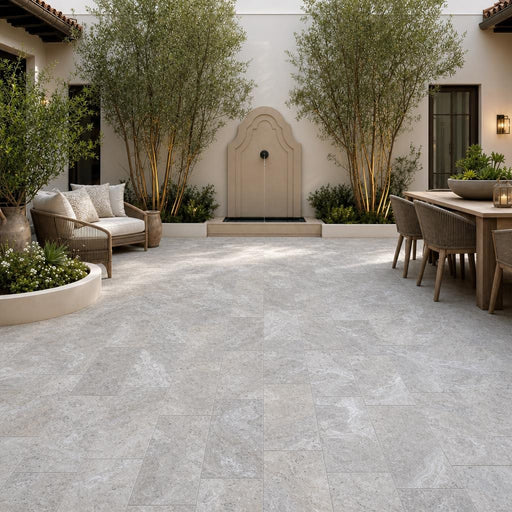 Silver Travertine 12x24 Tumbled 3CM Paver — Courtyard paving
