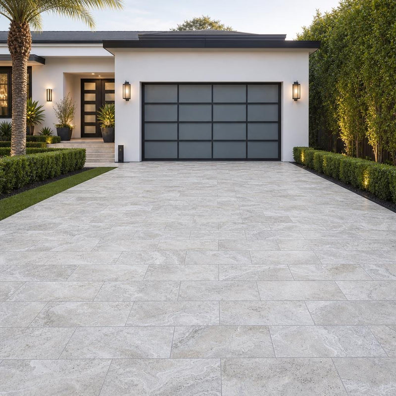 Silver Travertine 12x24 Tumbled 3CM Paver — Front Yard driveway