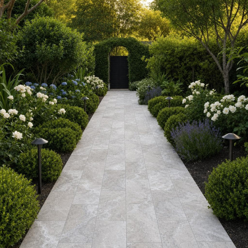 Silver Travertine 12x24 Tumbled 3CM Paver — Garden path