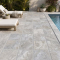 Silver Travertine 24x24 Tumbled 3CM Paver — Backyard pool deck