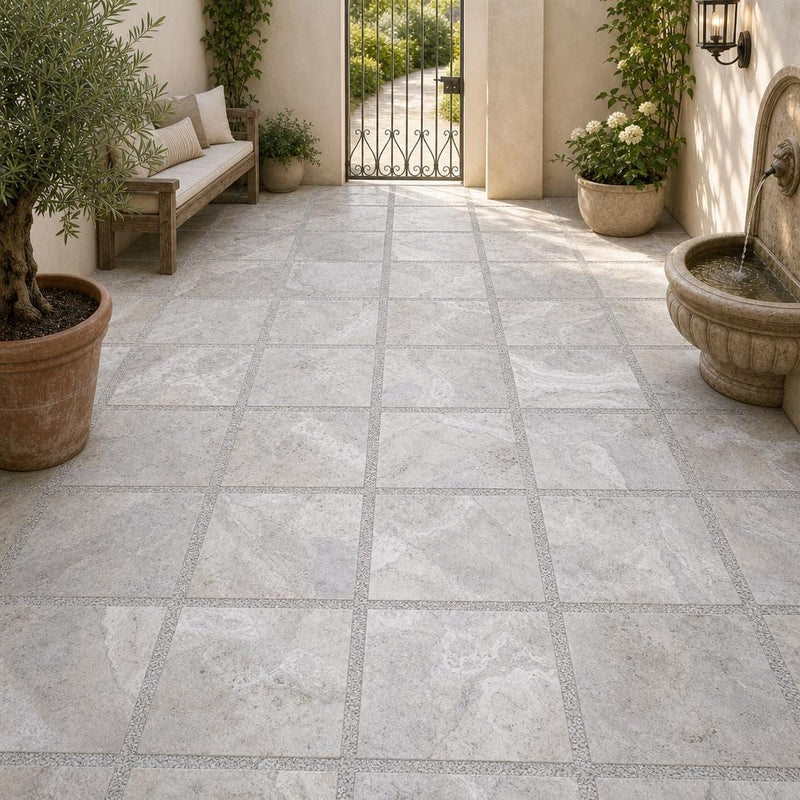 Silver Travertine 24x24 Tumbled 3CM Paver — Courtyard paving