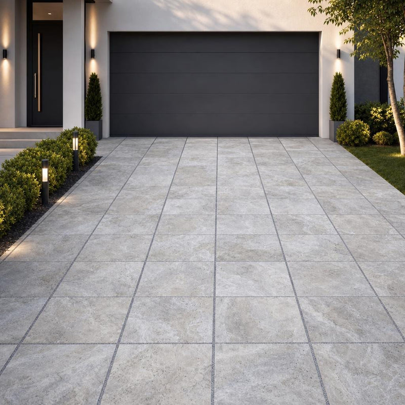 Silver Travertine 24x24 Tumbled 3CM Paver — Front Yard driveway