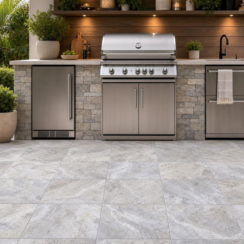 Silver Travertine 24x24 Tumbled 3CM Paver — Outdoor Kitchen floor