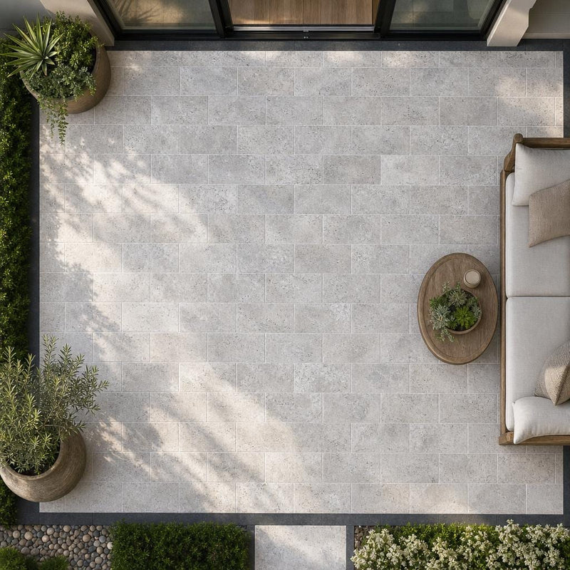 Silver Travertine 8x16 Tumbled 3CM Paver — Backyard patio