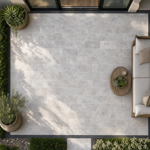 Silver Travertine 8x16 Tumbled 3CM Paver — Backyard patio