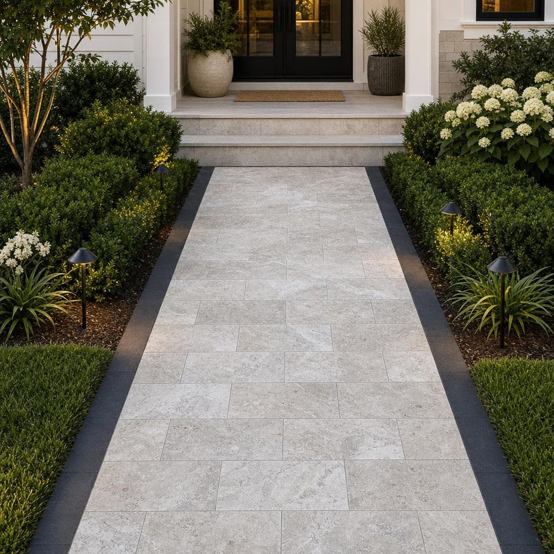 Silver Travertine 8x16 Tumbled 3CM Paver — Front Yard walkway