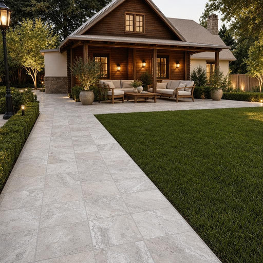 Silver Travertine 8x8 Tumbled 3CM Paver — Backyard patio