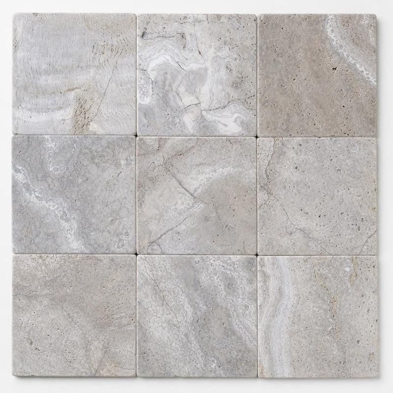 Silver Travertine 8x8 Tumbled 3CM Paver close-up