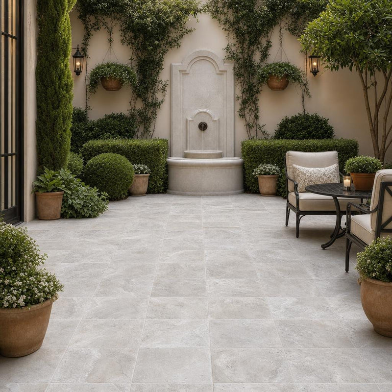 Silver Travertine 8x8 Tumbled 3CM Paver — Courtyard paving
