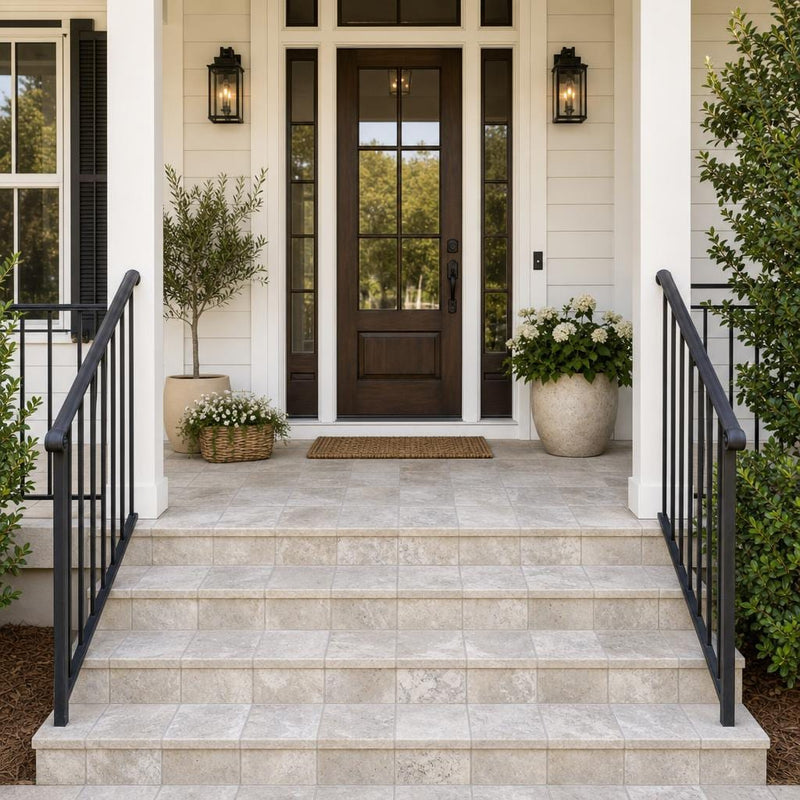 Silver Travertine 8x8 Tumbled 3CM Paver — Front Yard front porch